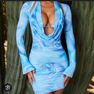 Oh Polly SUNNIVA Blue Floral Rose Detail Flare Sleeve Cowl Neck Mini Dress